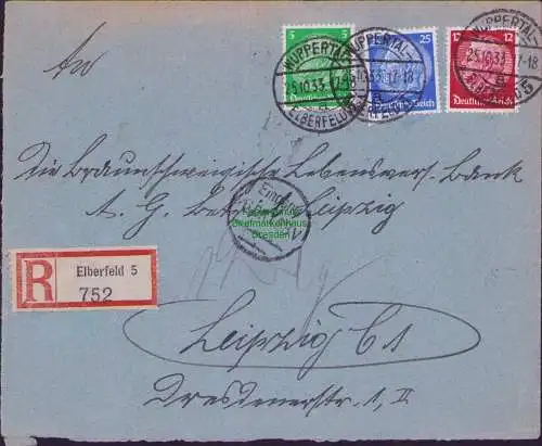 B-17640 Brief Einschreiben DR Deutsches Reich Elberfeld 1933 an Versicherung in