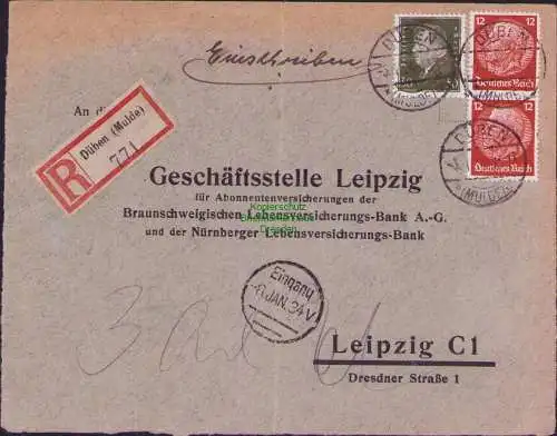 B-17639 Brief Einschreiben DR Deutsches Reich Düben Mulde 1934 an Versicherung