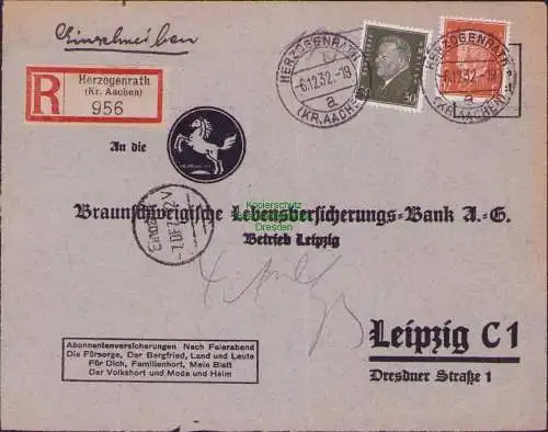 B-17638 Brief Einschreiben DR Deutsches Reich Herzogenrath Kr. Aachen 1932 an