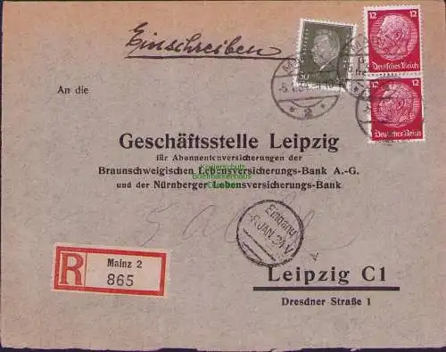 B-17637 Brief Einschreiben DR Deutsches Reich Mainz 1934 an Versicherung Leipzig