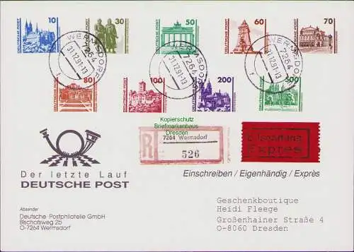 B-17631 Brief DDR Deutsche Post 1990 Letzttag 31.12. Einschreiben Eilbrief 3344