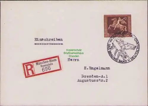 B-17608 DR Deutsches Reich 671 Brief Einschreiben 1938 München Riem n. Dresden