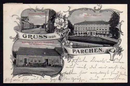 52446 Ansichtskarte Parchen bei Genthin Material & Schank Wirtschaft Gasthaus 1907