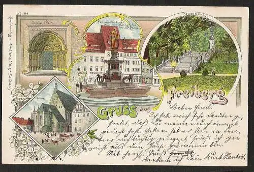 23785 AK Freiberg Litho 1899 Goldene Pforte Dom Ratskeller Gaststätte Restaurant