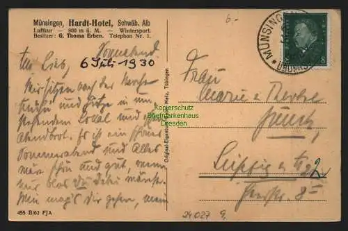 24027 AK Münsingen Hardt Hotel Schwäb. Alb 1930