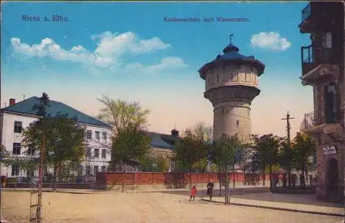 170841 AK Riesa Elbe Knabenschule Wasserturm 1915