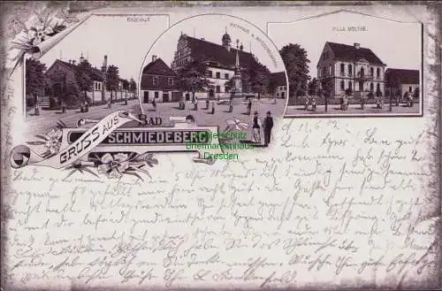 157997 Ansichtskarte Schmiedeberg Bz. Halle 1902 Braunlitho Badehaus Rathaus Villa Moltke