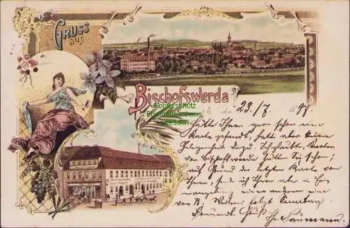 154627 AK Bischofswerda Litho 1897 Panorama Buchdruckerei Wein Gross Handlung