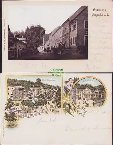 152709 2 Ansichtskarte Litho Augustusbad 1897 Tal Restaurant Bad und Curhaus