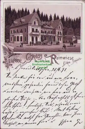 152787 Ansichtskarte Rainwiese Litho 1898 Böhm. Schweiz Gasthaus Finngerhutstempel Herrnskr