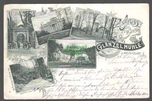 152227 Ansichtskarte Glänzelmühle bei Waldenburg Sachsen 1899 Bad Grotte Fürstl. Villa