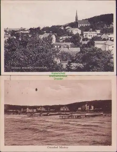 152378 2 Ansichtskarte Seebad Misdroy Miedzyzdroje Panorama mit Kirche 1931 Seestege 1925