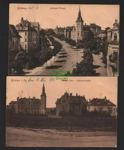 140777 2 Ansichtskarte Grimma 1918 Post Leipzigerstrasse Leipziger Strasse Brück & Sohn