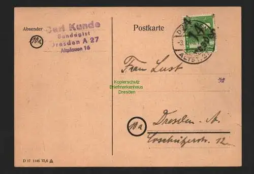 H4511 SBZ Bezirkshandstempel Bezirk 14 Postkarte Ortskarte Dresden 3.7. Bedarf