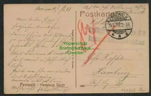 137778 AK Pasewalk Prenzlauer Straße 1918 Feldpost nach Hamburg Eppendorf