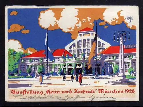 101622 Ansichtskarte München 1928 Ausstellung Heim und Technik SST Vignette Künstlerkarte