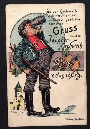 101131 Ansichtskarte Augsburg Jakober Kirchweih 1912 Mann trinkt Bier Künstlerkarte