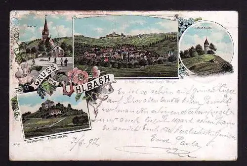 101006 Ansichtskarte Uhlbach Litho 1897 Kirche Rothenberg Melac Turm