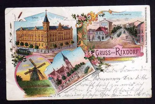 101118 Ansichtskarte Litho Berlin Rixdorf Rathaus Windmühle Hermannsplatz Rollkrug Pfarre