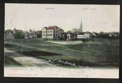 20422 Ansichtskarte Schöllbrunn Gasthaus zur Sonne Schulhaus 1908 Verlag: Schmidt Ettlingen