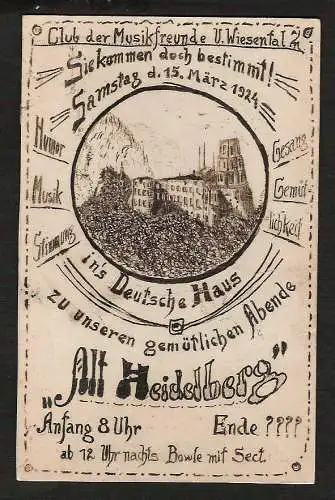 20718 Ansichtskarte Alt Heidelberg Club der Musikfreunde U. Wiesental 1924