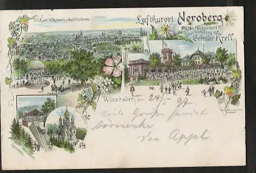 20490 Ansichtskarte Wiesbaden Neroberg Restaurant Zahnradbahn Grich. Kapelle 1897