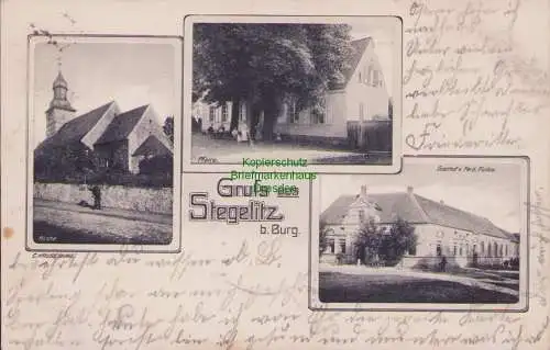 170064 AK Steglitz  bei Burg Magdeburg 1907 Kirche Pfarre Gasthof Funke