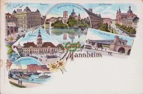 170110 AK Mannheim Litho um 1900 Postamt Sternwarte Rathaus Hafen Rheinbrücke