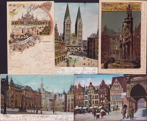 154933 5 AK Bremen Marktplatz Ratscafe Dom 1903 Litho Parkhaus 1897 Rolandsäule