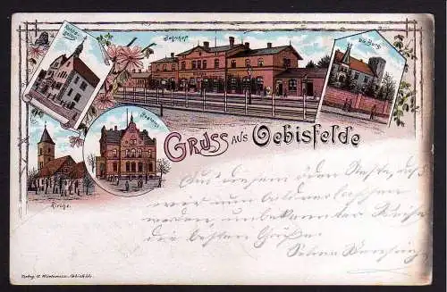 84779 AK Oebisfelde Litho 1899 Bahnhof Postamt Burg Rathskeller Gaststätte Kirch