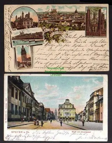 124365 2 Ansichtskarte Speyer 1902 Litho Dom Oelberg Schiffbrücke Markt Hauptstrasse 1905