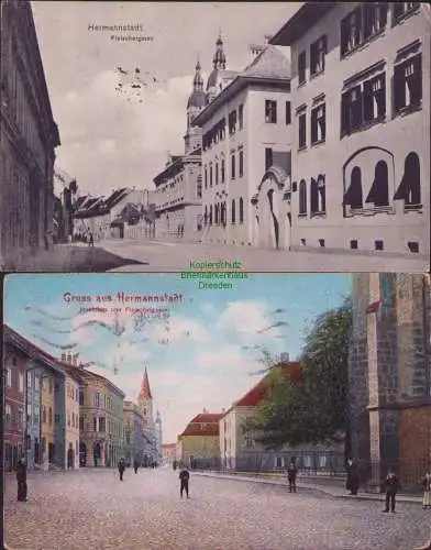 165439 2 AK Hermannstadt Sibiiu Nagyszeben Huetplatz Fleischergasse 1912