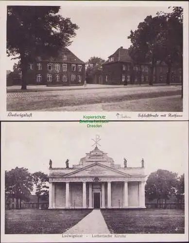 165490 2 AK Neustrelitz Schloßstraße mit Rathaus Lutherische Kirche  um 1925