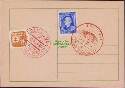 B-17916 Postkarte Bratislava 1939 Slovakei 2 rote SST Sonderstempel