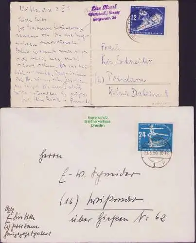 B-17919 Brief Postkarte DDR 246 247 Wittstock Potsdam 1950 portogerecht