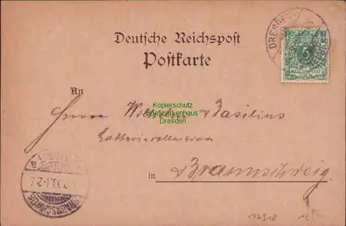 B-17918 Postkarte Dresden 1898 Dresdner Molkerei Gebrüder Pfund nac Braunschweig