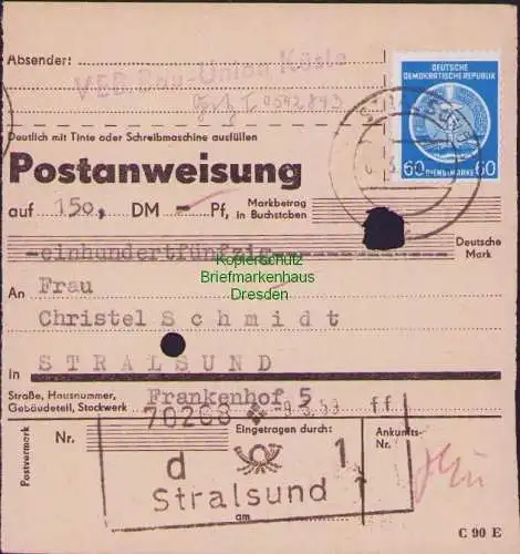 B-17901 frankierte Postanweisung DDR Dienst Stralsund 1959