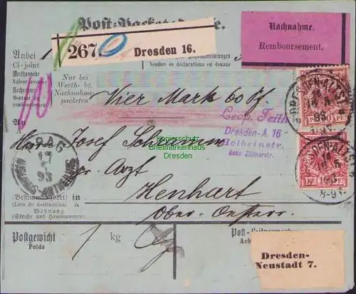 B-17851 Paketkarte Dresden Neustadt 7 1893 Nachnahme nach Österreich über Prag