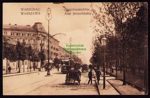 172195 Ansichtskarte Warschau Jerozolimskie Allee Starßenbahn 1916 Feldpost