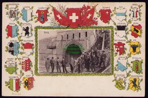 172189 Ansichtskarte Brig  Schweiz Kanton Wallis Eingangstor zum Simplon Tunnel Wappen 1905