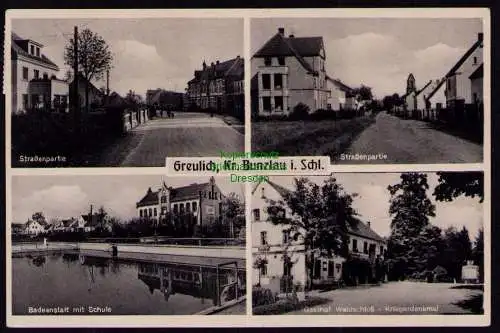 172158 AK Greulich Kr. Bunzlau Boleslawiec Badeanstalt Schule Gasthof Waldschloß