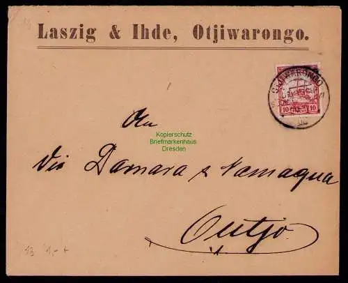 B18190 Brief DSW Afrika Vordruck Umschlag Laszig & Ihde Otjiwarongo 1908 Outjo