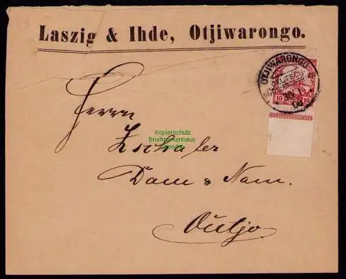 B18189 Brief DSW Afrika Vordruck Umschlag Laszig & Ihde Otjiwarongo 1908  Outjo