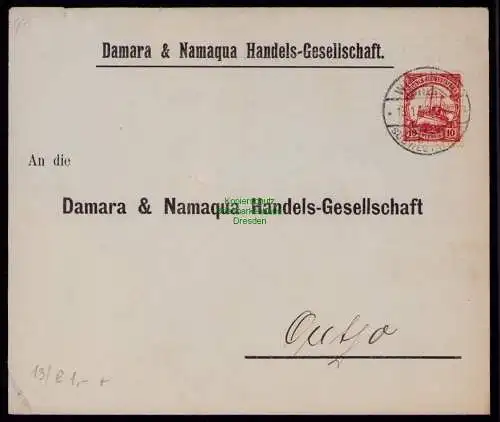 B18188 Brief DSW Afrika Windhuk 1908 nach Outjo Vordruck Damara & Namaqua