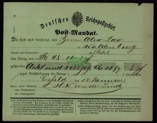 B18163 Deutsches Reich 1873 Postmandat Crefeld