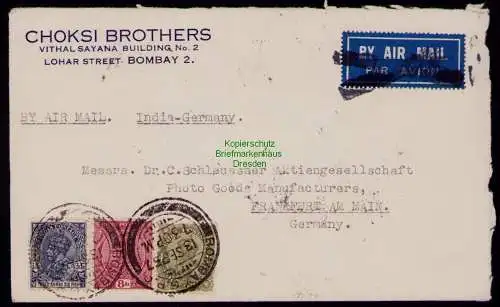 B17992 Brief Bombay G. P. O. Indien 1937 nach Frankfurt am Main Choksi Brothers