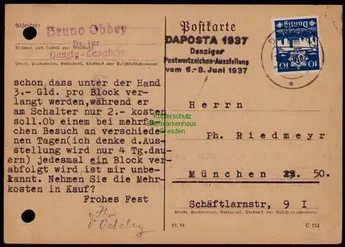 B18036 Postkarte Danzig 267 EF 1937 nach München, interessanter Text DAPOSTA