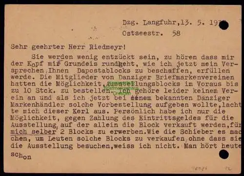 B18036 Postkarte Danzig 267 EF 1937 nach München, interessanter Text DAPOSTA