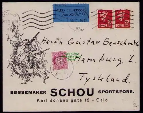 B18136 Brief Norwegen Oslo Jagd Bossemaker SCHOU Sportsforr 1937 nach Hamburg