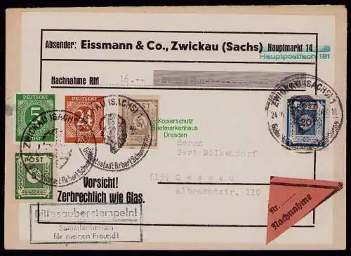 B17956 Brief SBZ Ostsachsen Zwickau  1946 nach Dessau Nachnahme Eissmann & Co.